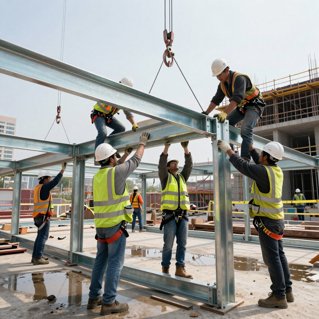 Obreros de la construcción con chalecos de seguridad y cascos levantando una viga de acero en una obra.