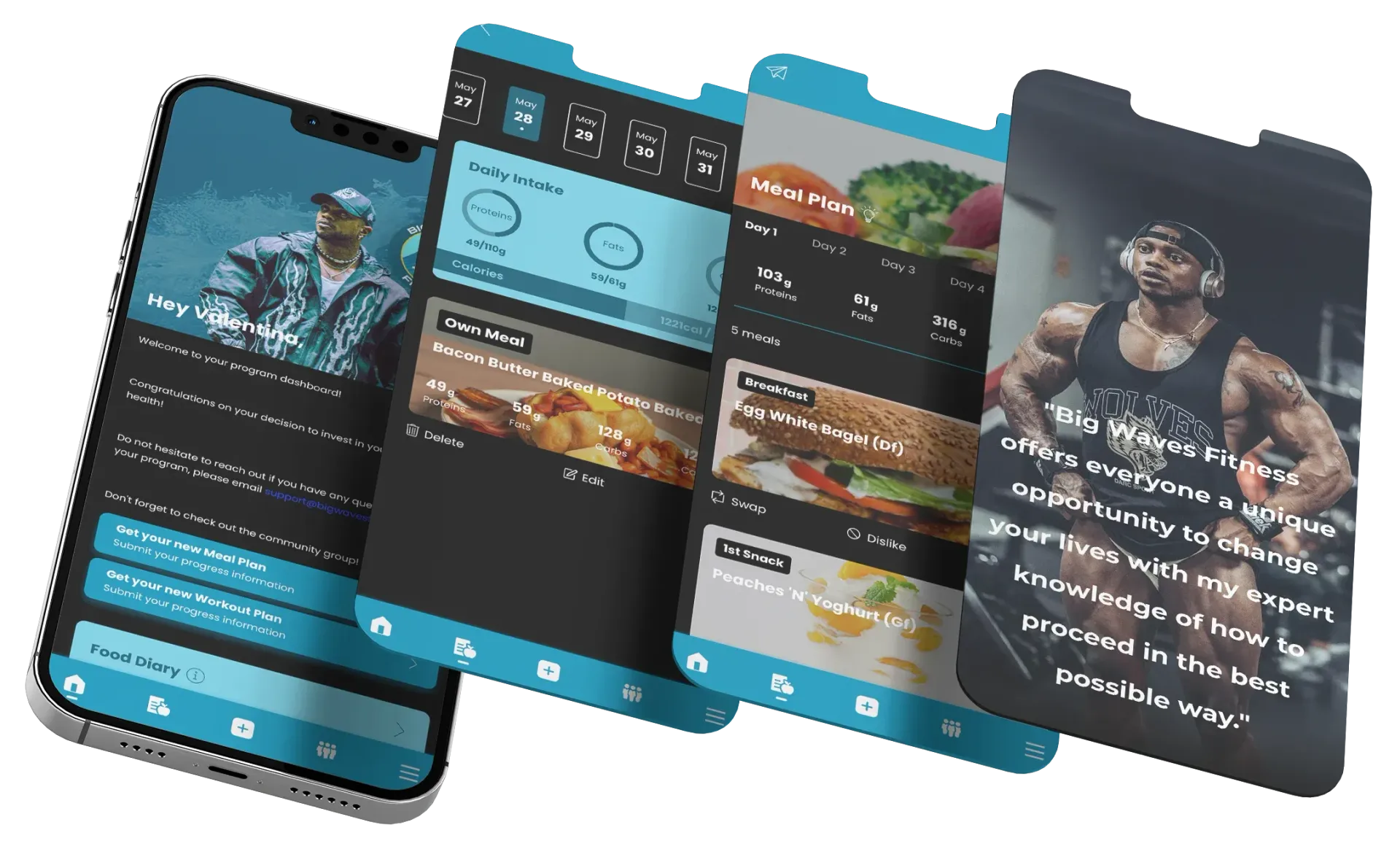 Four overlapping smartphone app screens with a dark blue theme and food, fitness, and profile interfaces