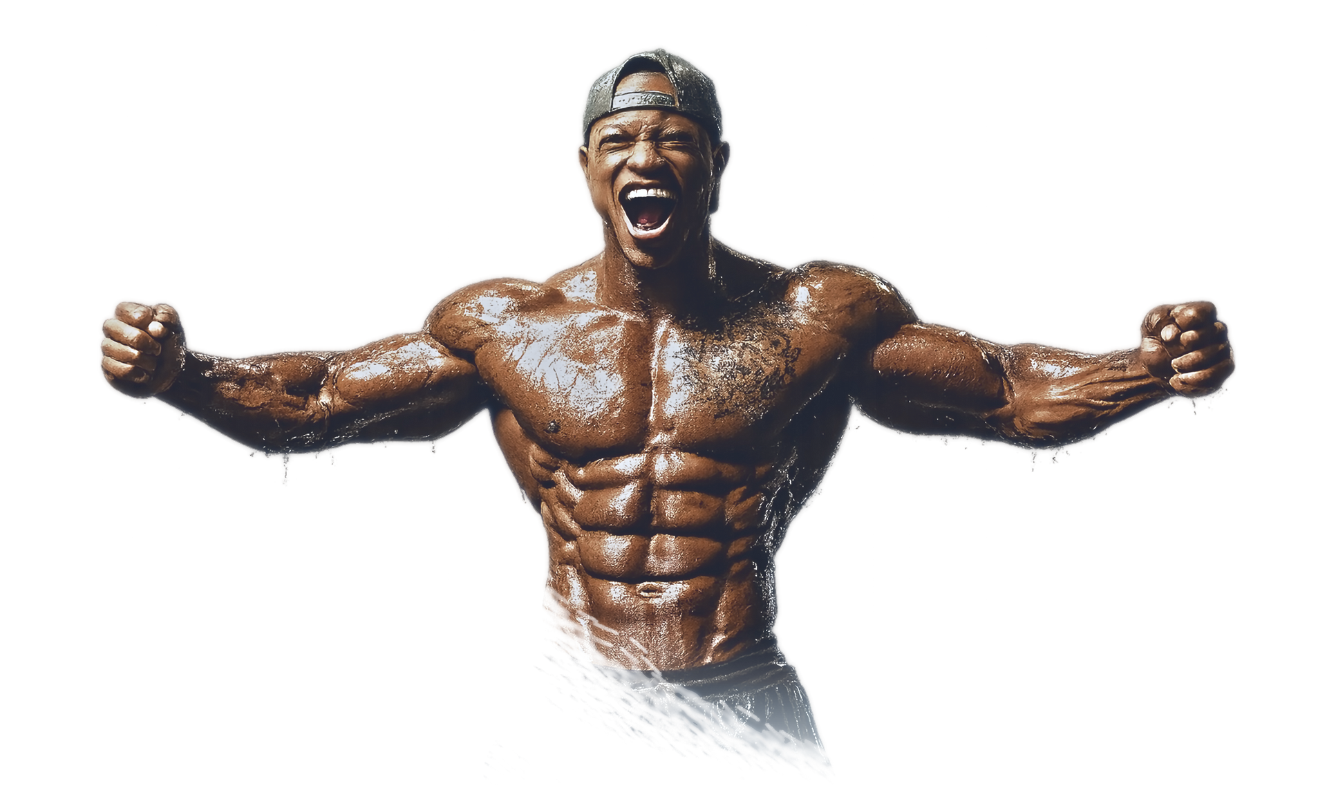 Shirtless muscular man flexing both arms and shouting on a white background