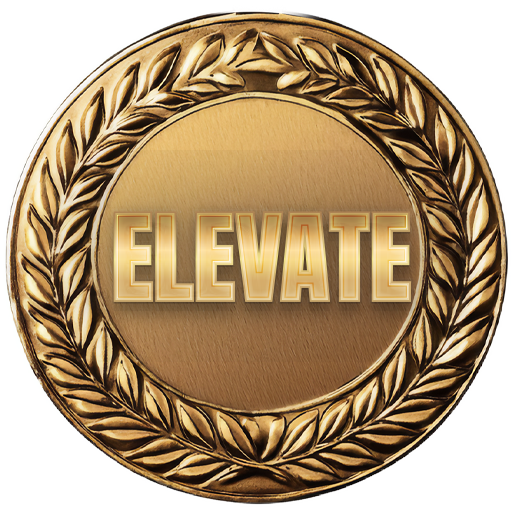 Gold medal-style emblem with laurel wreath and the word “ELEVATE” in bold letters