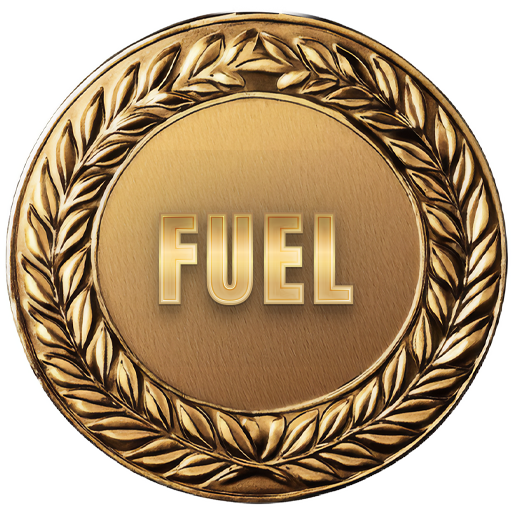Gold medal-style emblem with laurel border and the word “FUEL” in the center