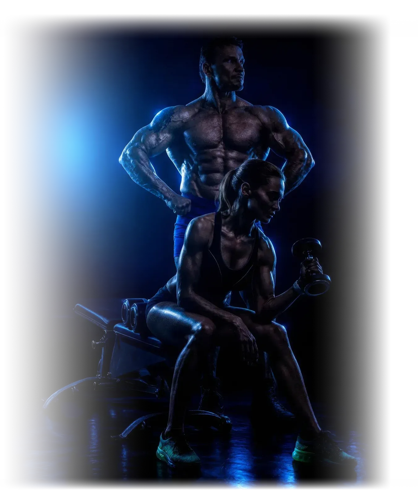 Two muscular figures in dramatic blue lighting, one seated in front and one standing behind in a dark scene
