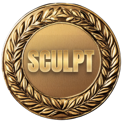 Gold laurel medal with embossed “SCULPT” text on a brown center