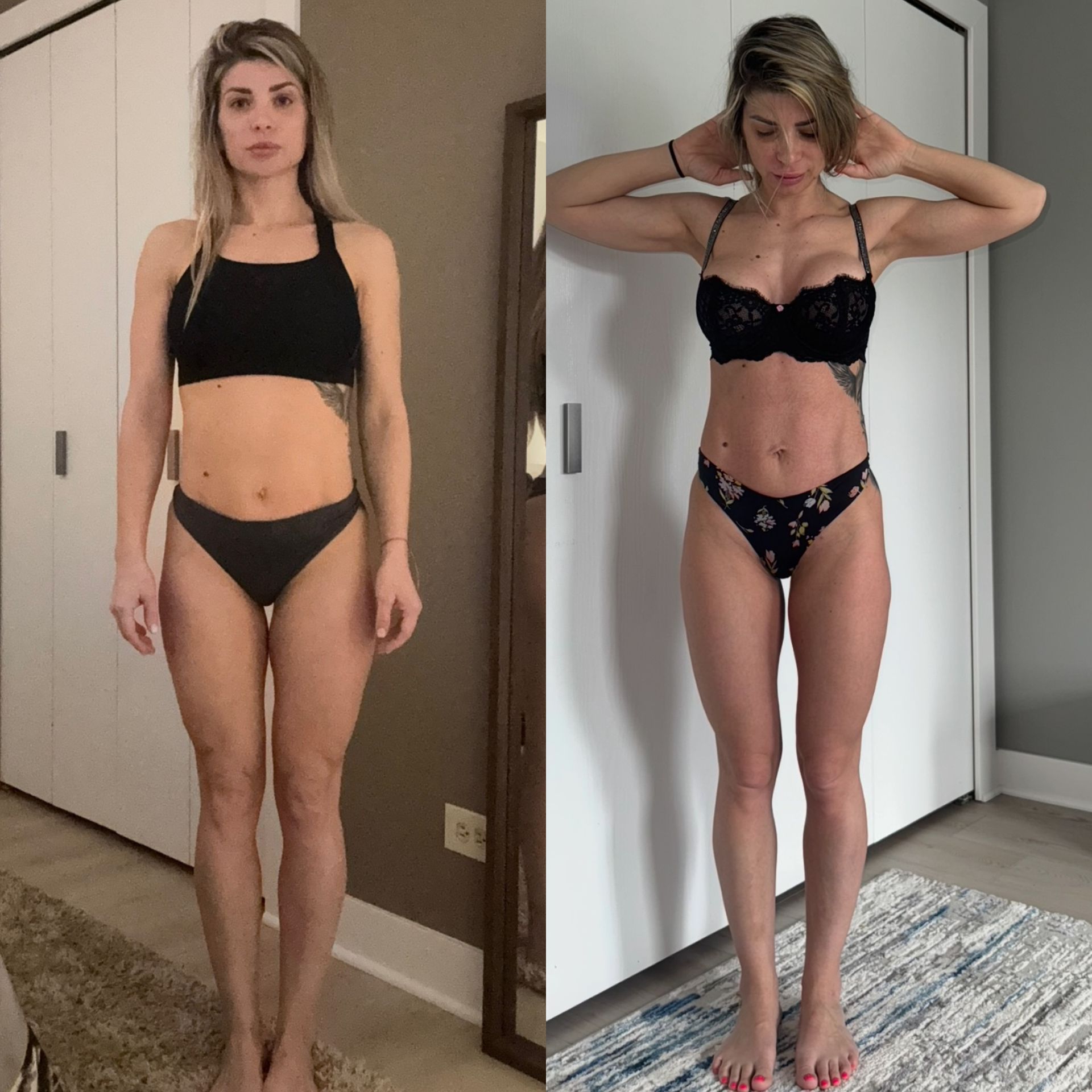Side-by-side mirror progress photos in black underwear, standing indoors against a white wall.
