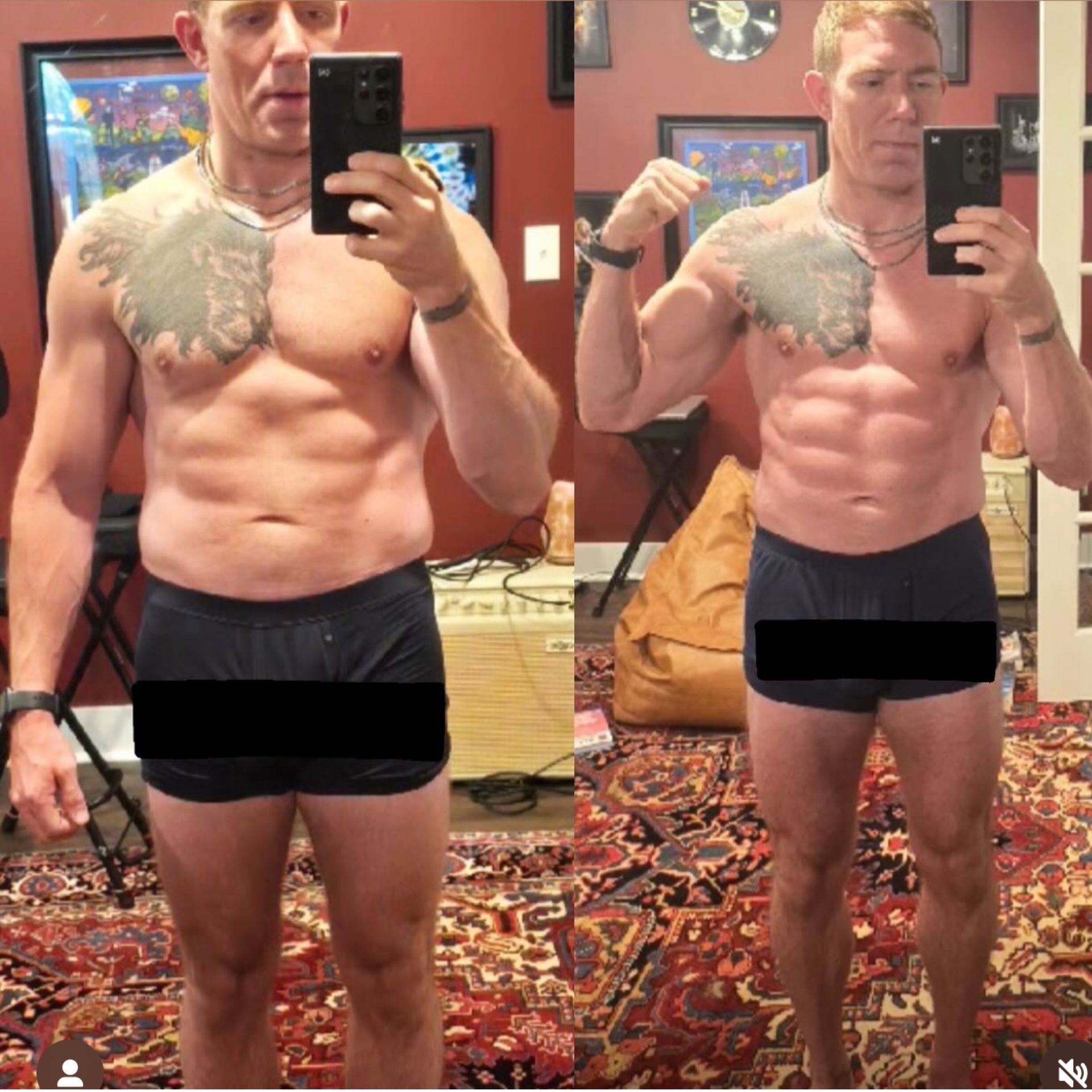 Side-by-side mirror selfies of a shirtless man showing a physique comparison in a room.