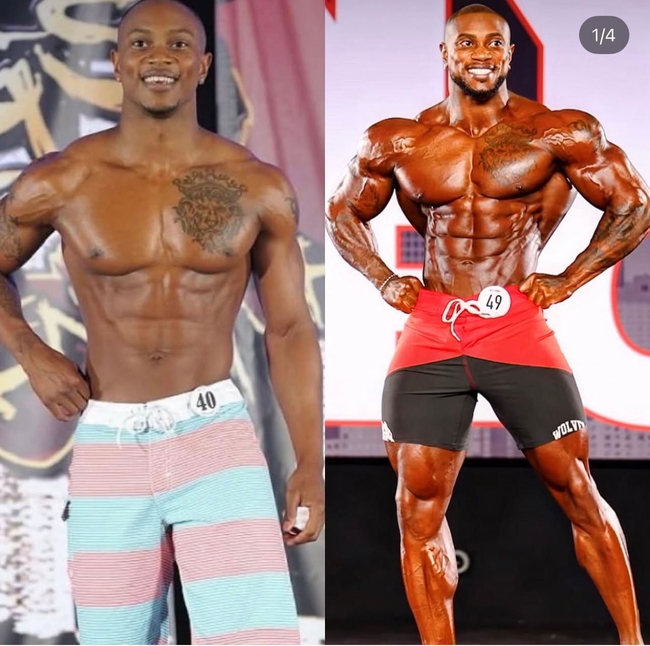 Two muscular bodybuilding poses side by side, one in striped shorts and one in red trunks on stage