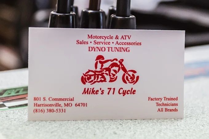 Business card for Mike’s 71 Cycle with motorcycle and ATV service text on a white background