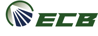 Logo de l'ECB avec un arc vert et une icône d'éventail à rayures bleues à côté de lettres vertes italiques