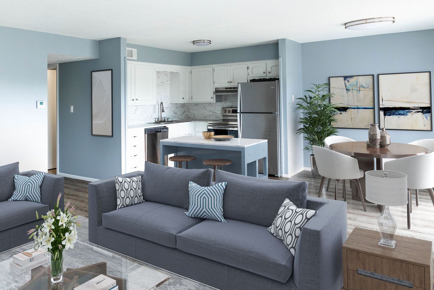 a living room with a fireplace and a couch