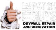 Hand giving thumbs up, emerging from torn drywall; "Patch Guys" logo, drywall repair and renovation text.