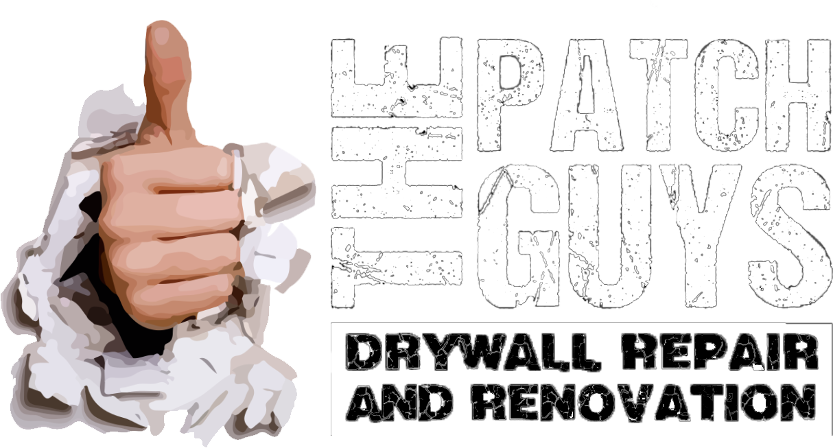 Hand giving thumbs up, emerging from torn drywall; "Patch Guys" logo, drywall repair and renovation text.