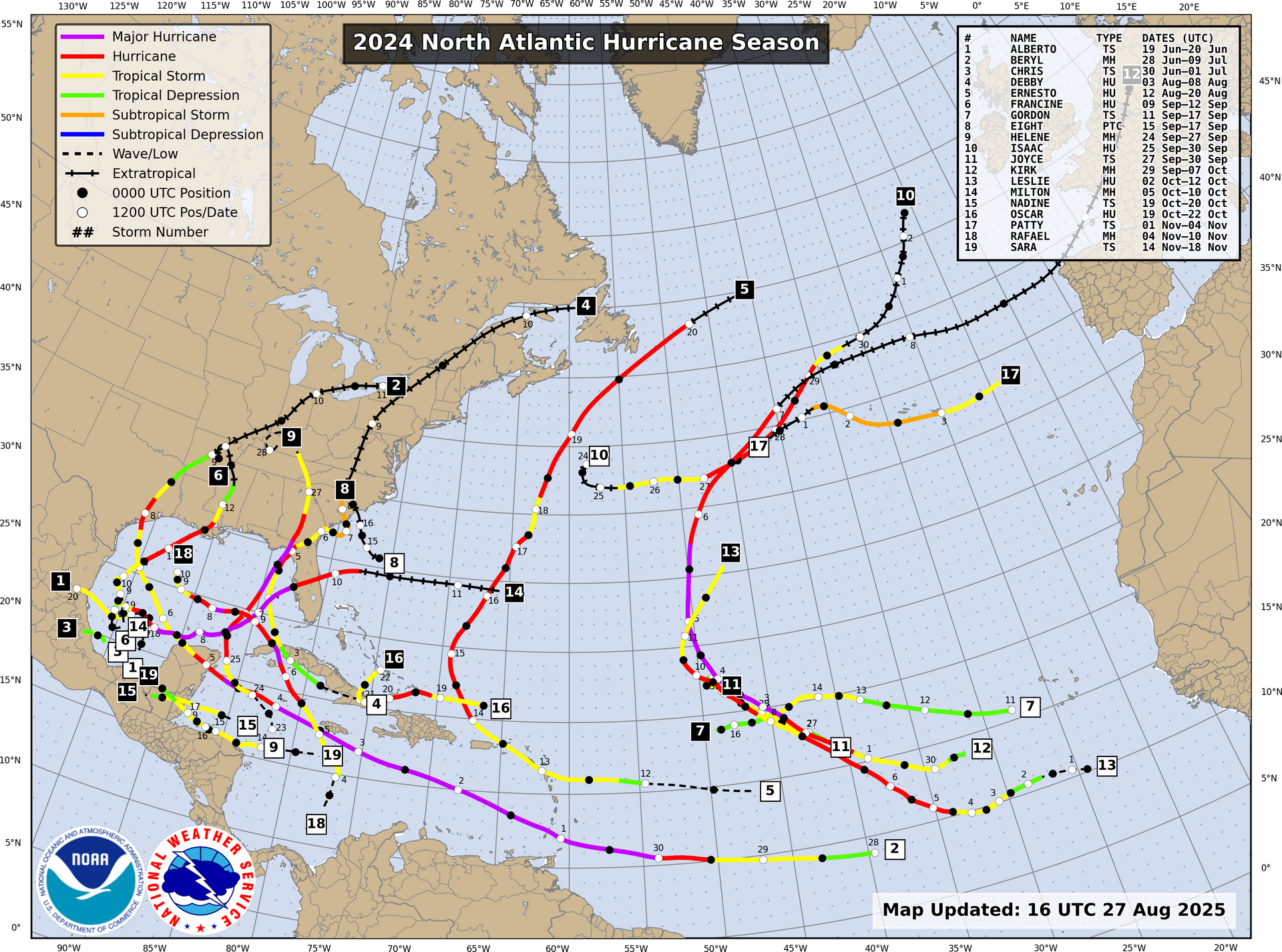 2024 North Atlantic storm season. Tracks of tropical storms and hurricanes shown in various colors over a map.