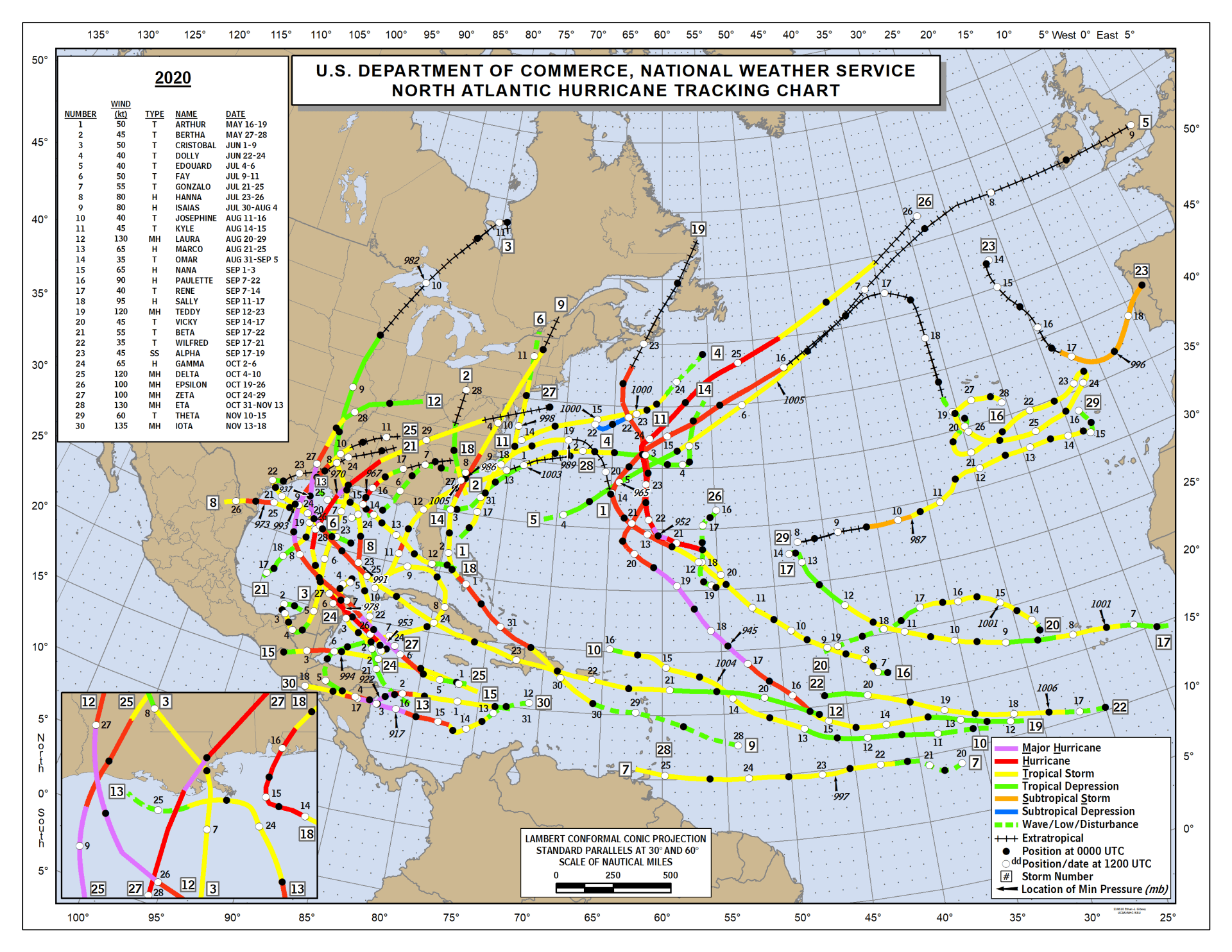 A map of the u.s. shows the tracks of hurricanes