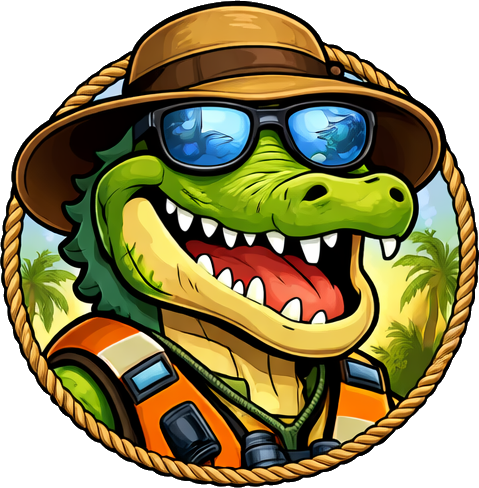 Smiling alligator adventurer wearing sunglasses and safari hat.