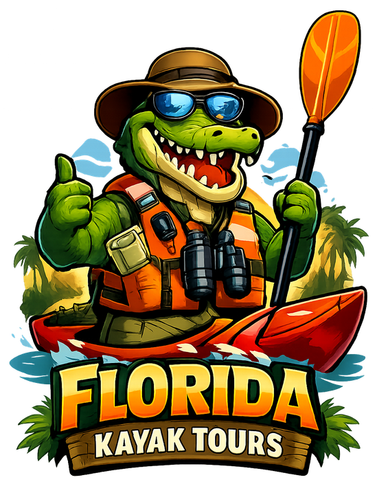 Cartoon alligator wearing a hat, sunglasses, and life vest, kayaking in Florida.