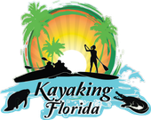 Logo: Kayaking Florida with kayakers, paddleboarder, palm trees, sun, and sea creatures.