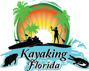 Kayaking Florida logo: kayakers and paddleboarder on water with sun, palms, manatee, alligator, and dolphins.