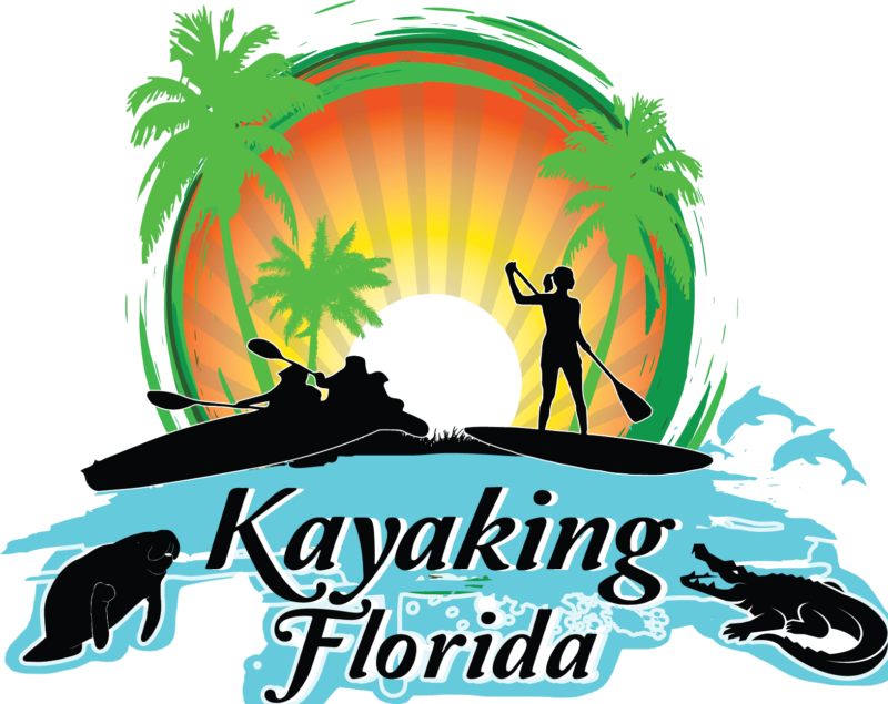 Kayaking Florida logo: kayakers and paddleboarder on water with sun, palms, manatee, alligator, and dolphins.