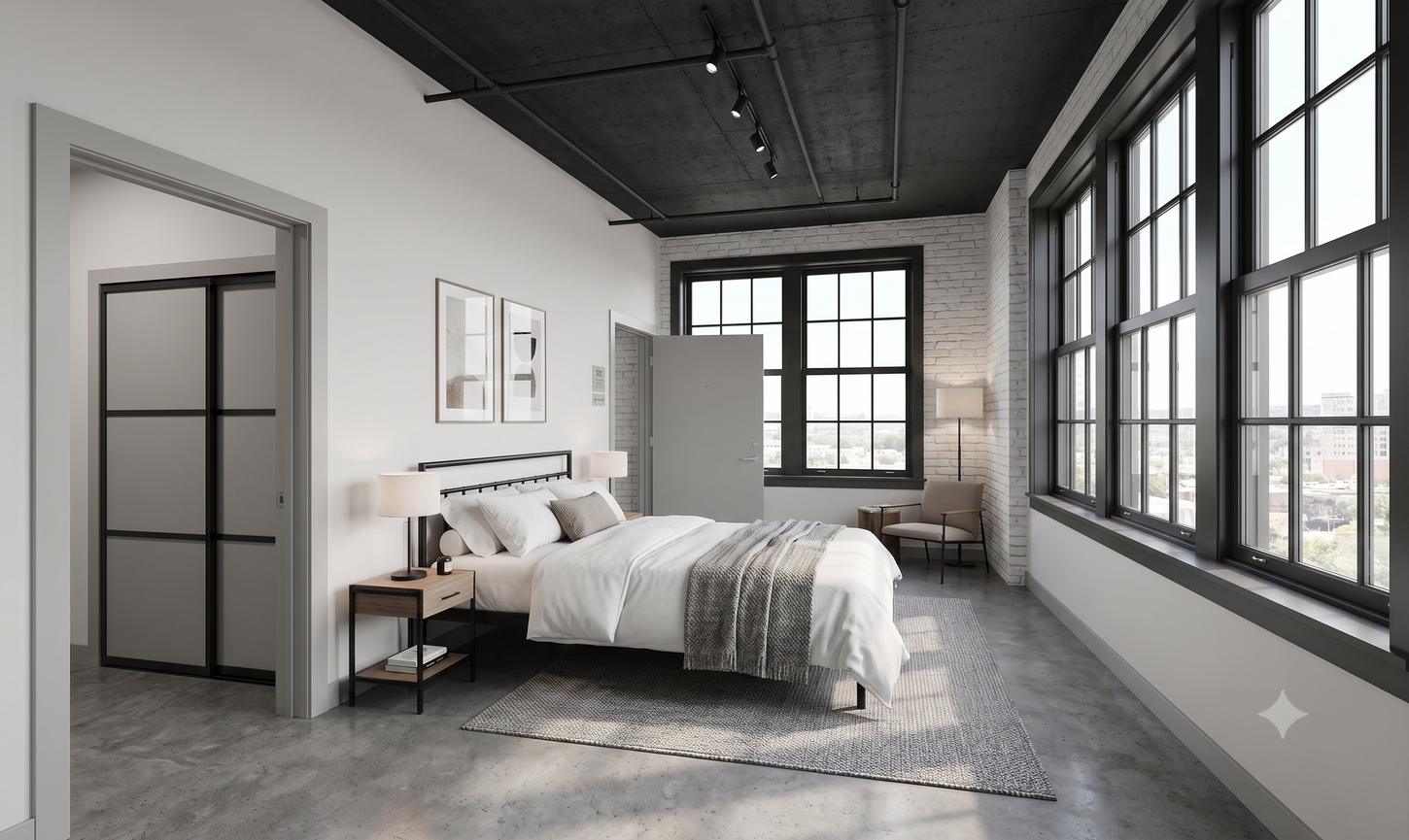 Modern loft bedroom with bed, large windows, exposed brick, and gray decor.