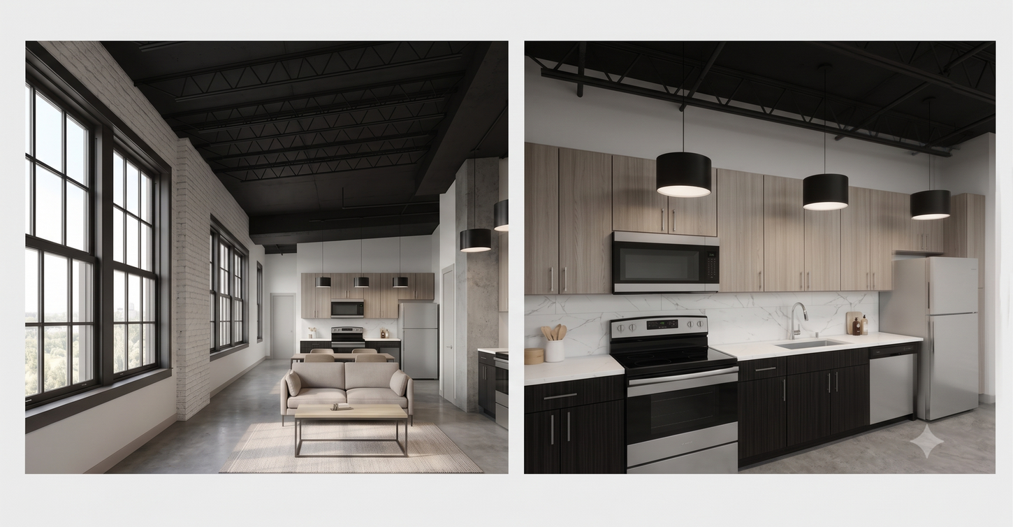 Modern loft kitchen and living area with black ceiling, large windows, and white walls.