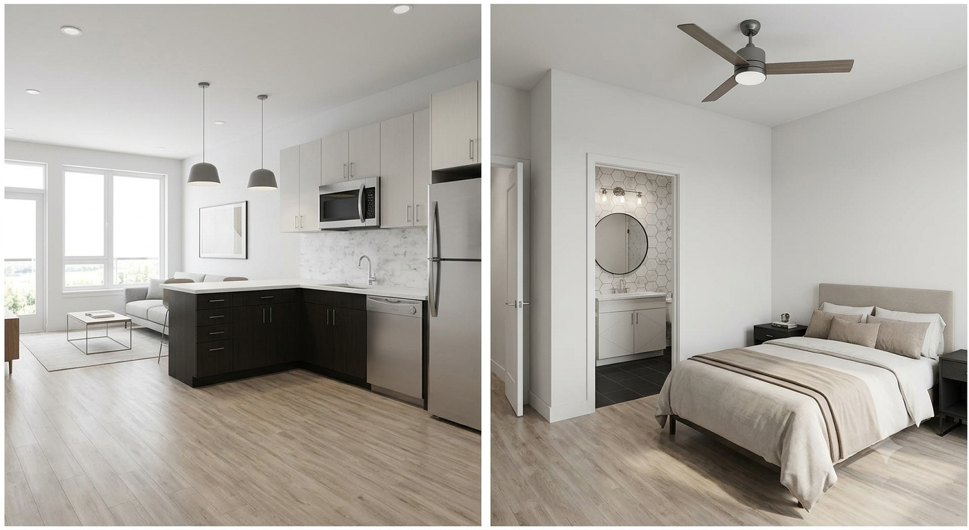 Bright modern apartment interior with kitchen, dining area, and bedroom with gray bedding and ceiling fan