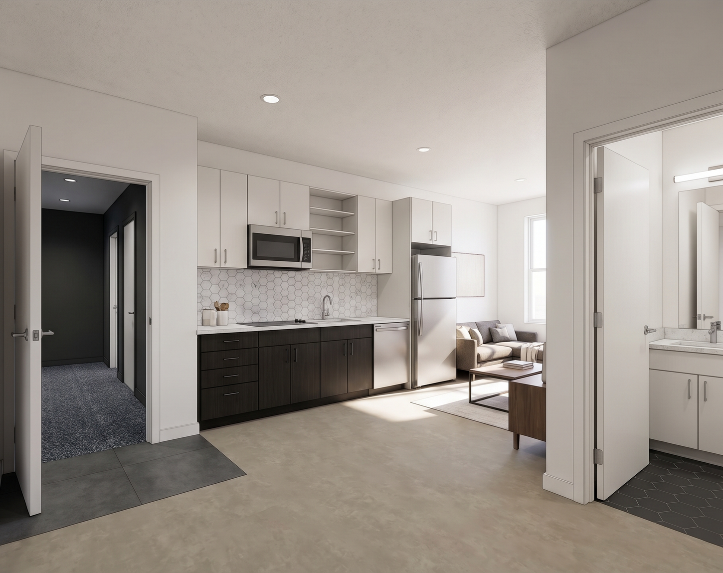 Bright studio apartment with kitchenette, bed, and bathroom area in white and gray tones