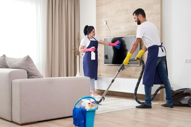Two cleaners vacuuming a modern living room, with a woman near a fireplace and a sofa in the foreground
