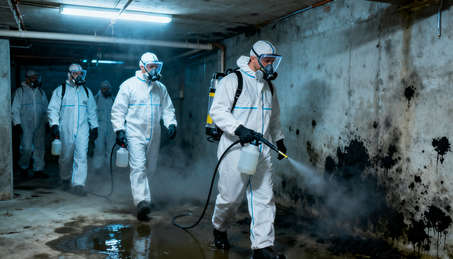 Workers in white hazmat suits disinfecting a damp, dark basement with spray equipment