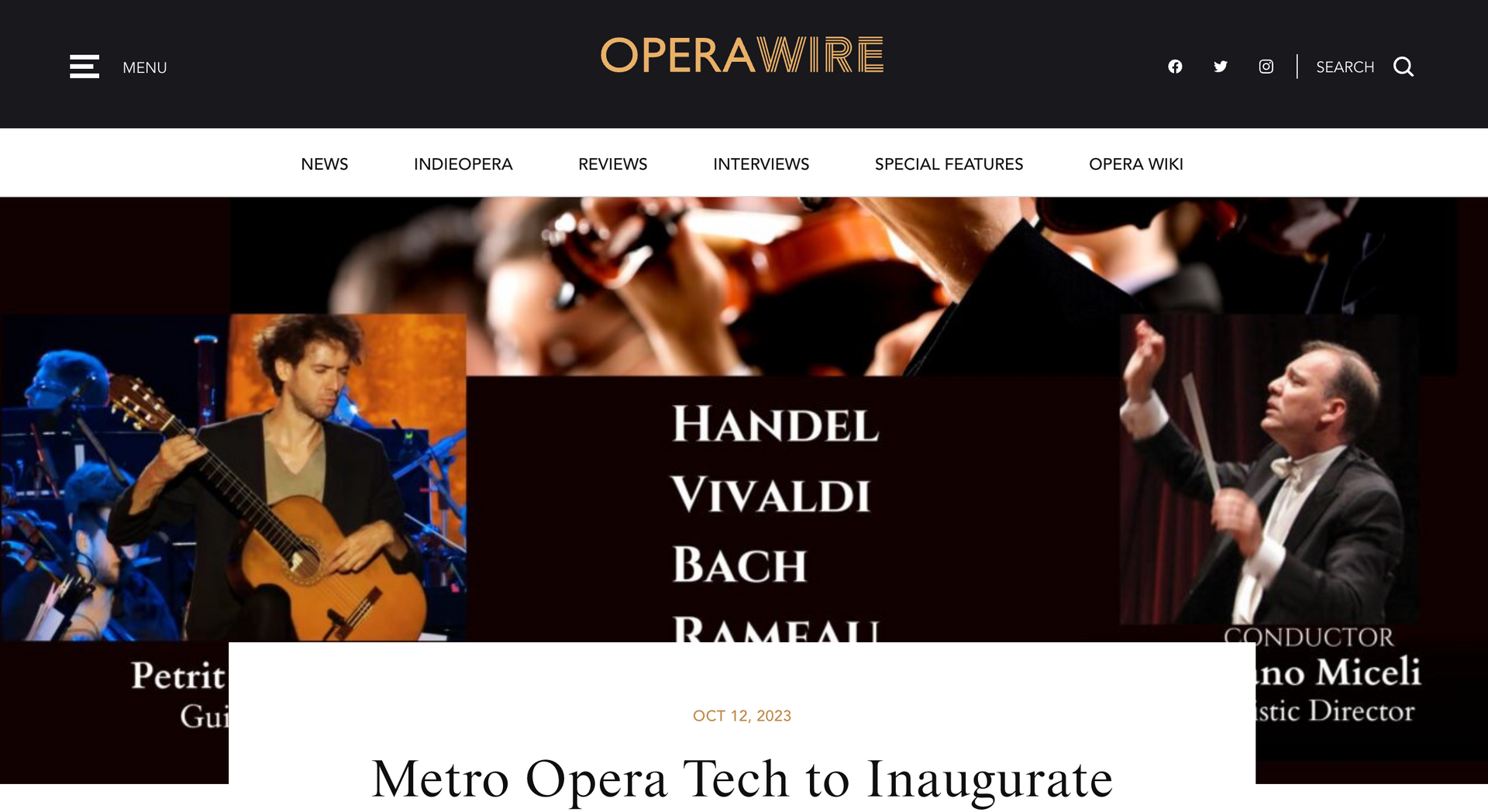 Website homepage featuring musicians and text about an opera tech event.