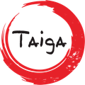 Taiga logo with black handwritten text inside a red brushstroke circle