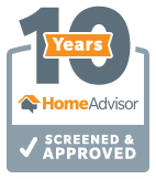 10 Years HomeAdvisor screened and approved badge with large gray “10” and orange “Years” label
