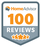HomeAdvisor 100 reviews badge with orange and gray shield, stars at bottom