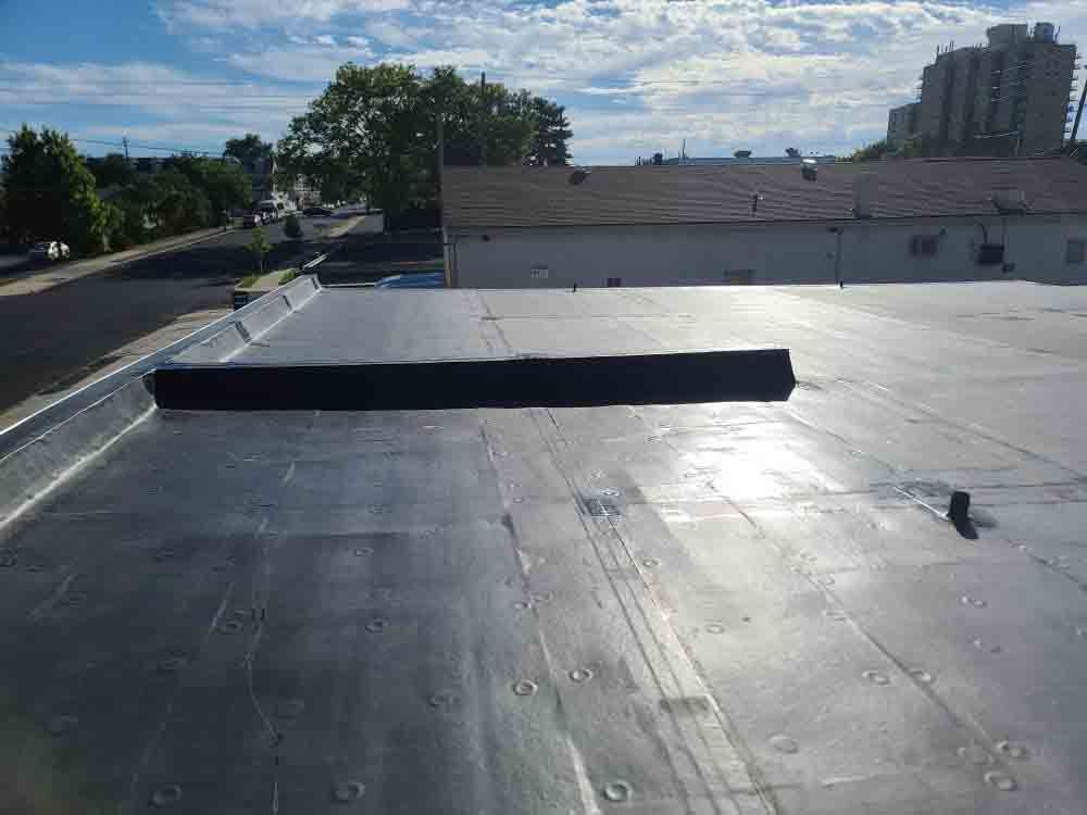 Flat black rooftop with a low parapet, trees and buildings in the distance under a cloudy sky