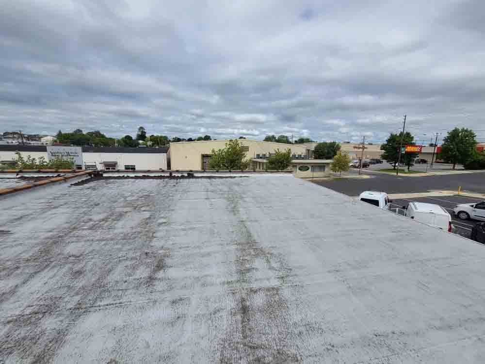 Flat rooftop overlooking a parking lot and low buildings under a cloudy sky