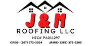 J&M Roofing LLC logo with black roof houses and red &ldquo;J&M&rdquo; text, plus contact numbers and PA contractor info