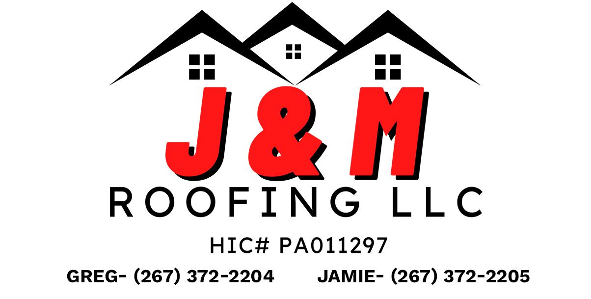 J&M Roofing LLC logo with black roof houses and red &ldquo;J&M&rdquo; text, plus contact numbers and PA contractor info