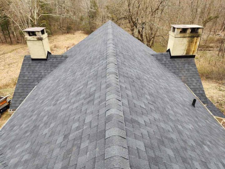 Roof with dark gray shingles and two chimneys, viewed from above amid bare trees.