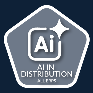 Gray pentagon logo with Ai icon and spark, text “AI IN DISTRIBUTION” and “ALL ERPS” on dark blue background