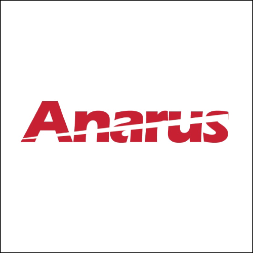 Red Anarus wordmark with a horizontal slash through the text on a white background