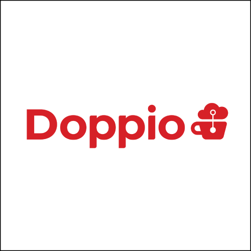 Red Doppio logo with stylized coffee cup icon