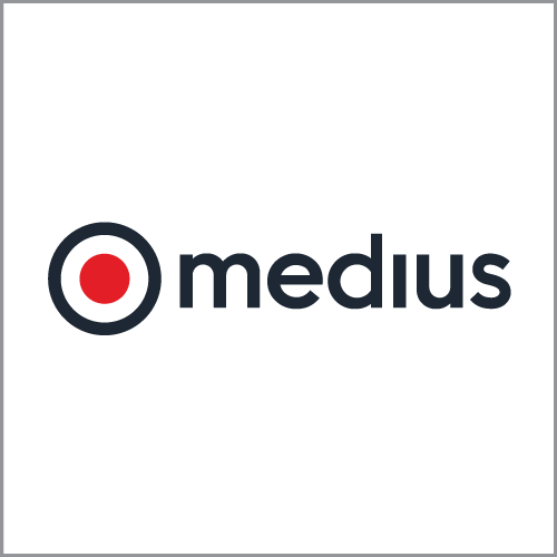 Omedus logo in dark blue with a red dot inside a circle on a white background