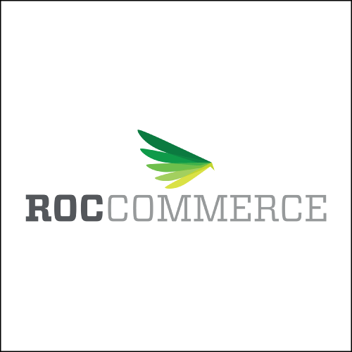 RocCommerce logo with gray text and green-yellow wing graphic