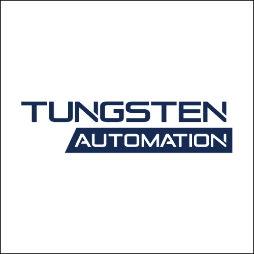 A blue and white logo for tungsten automation formerly kofax.