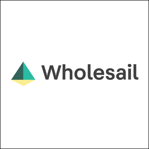 Wholesail logo with a teal and yellow geometric icon beside dark gray text on a white background