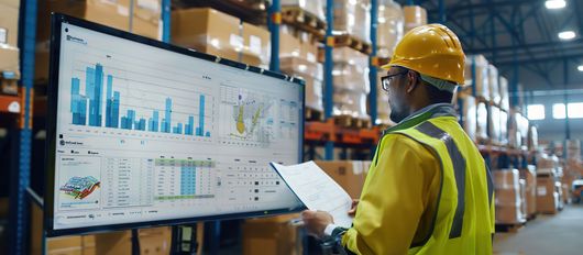 A warehouse employee wearing a yellow gear stands in the warehouse checking a dashboard against a paper list