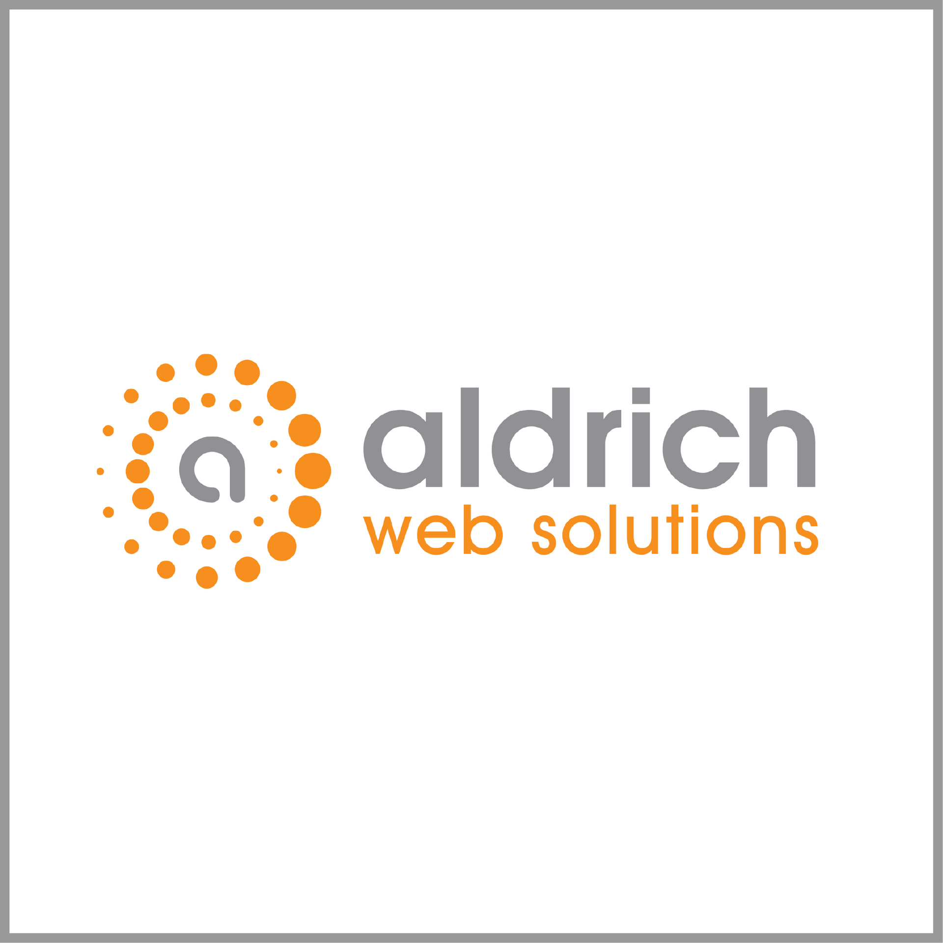 Logo for Aldrich Web Solutions: gray text with orange accent graphic, orange text.