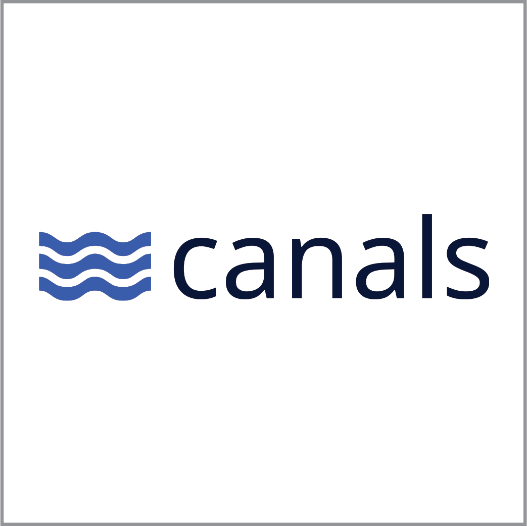 Canals logo with blue wave icon and dark blue text on a white background