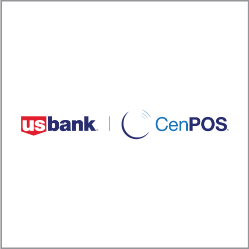 A red and blue icon for US Bank next to a blue logo for CenPOS with an icon of a blue curl on a white background.