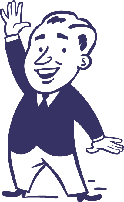 A retro cartoon character in a blue suit.