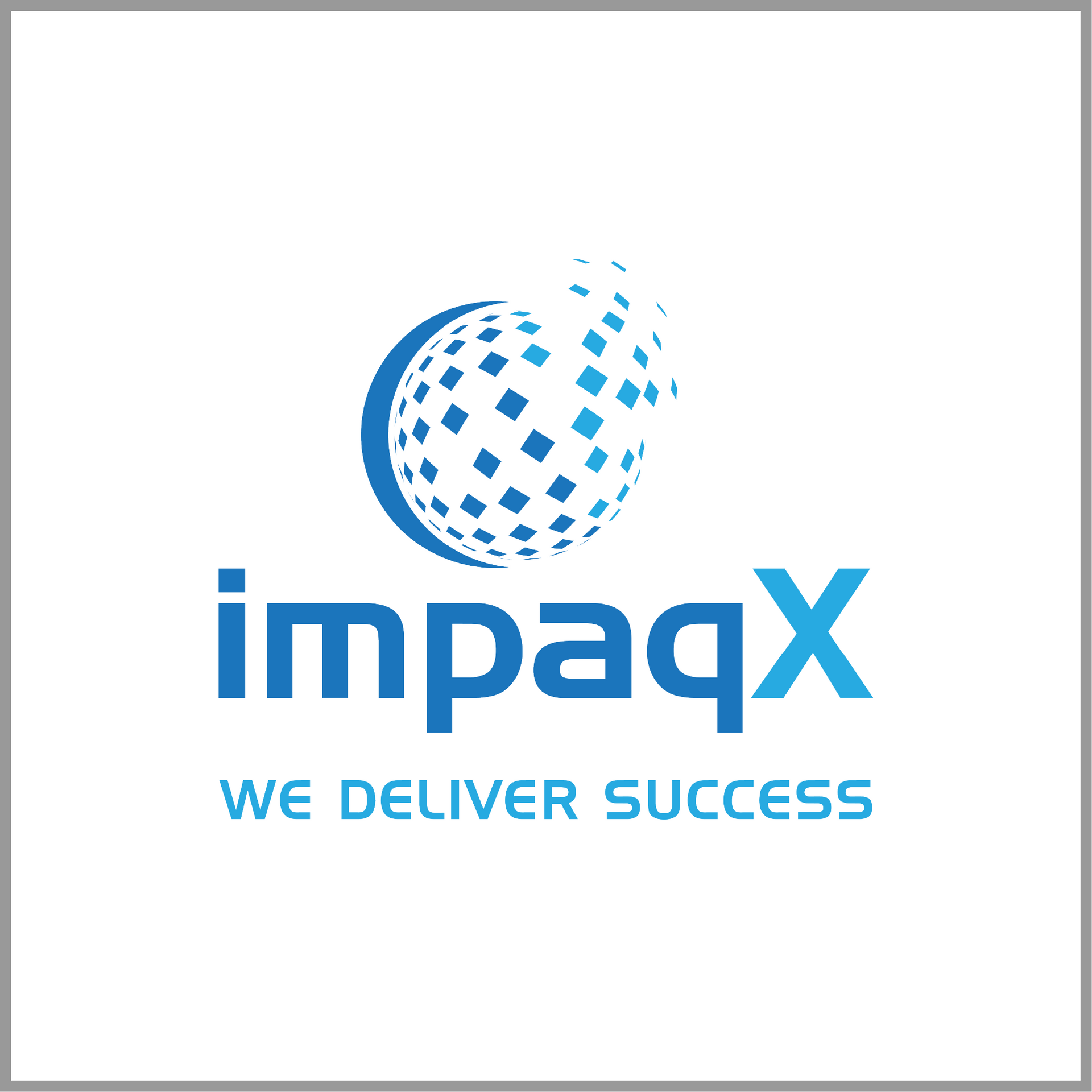 Logo for ImpaqX, featuring a blue globe dissolving into pixels, with